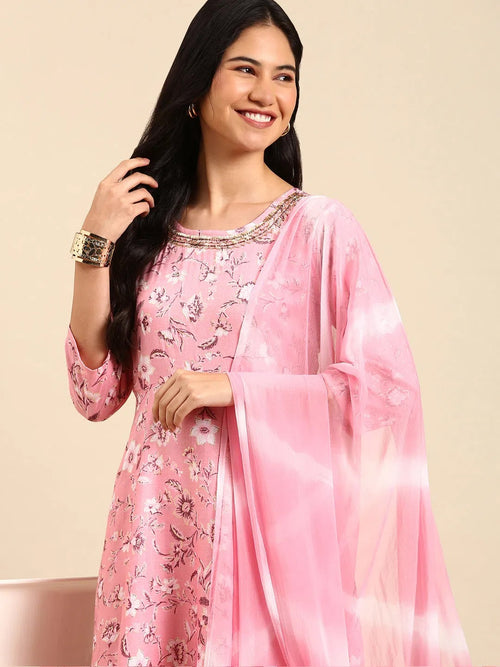 Women's Pink Printed Kurta Set-ON-596-Pink