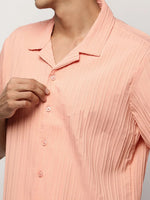 Men Peach Striped Shirt-H-WAI-M197-1605-Peach