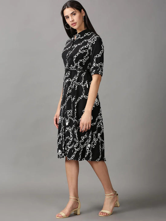 Women's Black Printed Fit and Flare Dress-AE-444131-Black