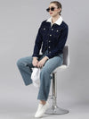 Women Navy Blue Solid Denim Jacket-LT-15903-Navyblue