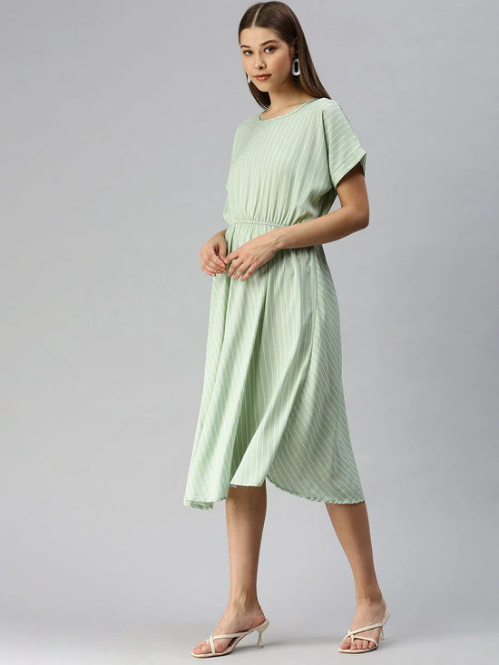 Women's Green Striped Fit and Flare Dress-AE-9873-Green