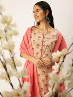 Women's Peach Printed Kurta Sets-AT-659-Peach