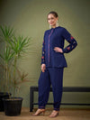 Women Royal Blue Sleeve Embroidered Shirt With Cuff Pants