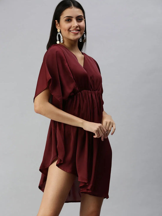 Women's Maroon Solid A-Line Dress-AE-9932-Maroon