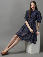 Women's Blue Printed Fit and Flare Dress-AE-7071-Navyblue