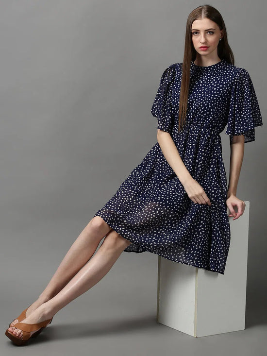 Women's Blue Printed Fit and Flare Dress-AE-7071-Navyblue