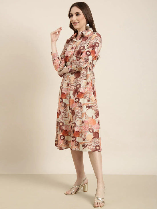 Women Brown Floral Shirt Dress-DW-5457-Brown