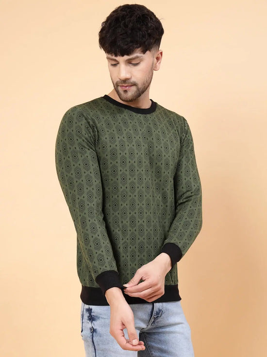 Rigo Olive Green All Over Printed Round Neck Fleece Sweatshirt