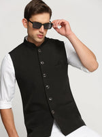 Men Black Mandarin Collar Solid Nehru Jacket-AK-2250-8-Black