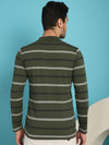 Venitian Men Striped Polo Neck Full Sleeves Olive T-Shirt Wih Pocket