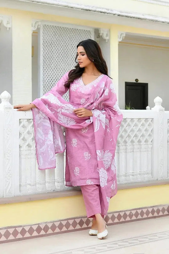 Vaasva Women Pink Kota Doria Embroidered Solid Kurta Set With Solid Pants & Printed Dupatta-144-Vaas-Pink