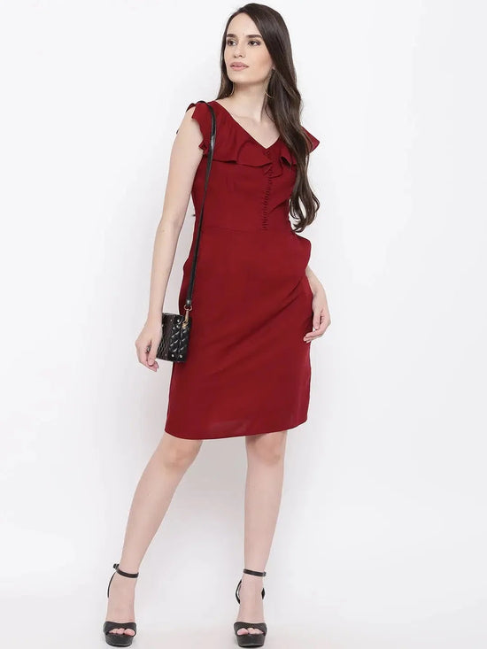 Front loop button pencil dress in Maroon