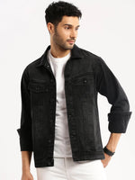 Men Charcoal Spread Collar Solid Denim Jacket-IB-DJ-02-Charcoal