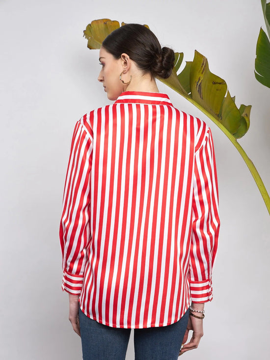 Women Red & White Satin Striped Shirt