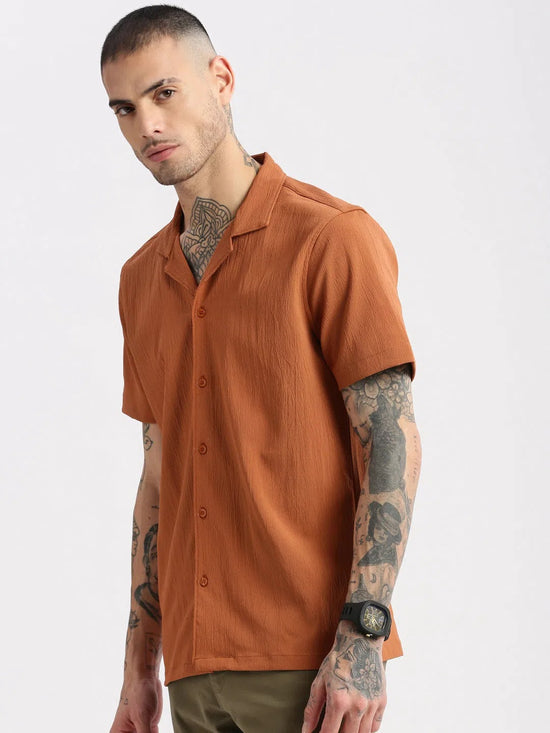 Men Cuban Collar Solid Rust Casual Shirt-FELCO-2206-Rust