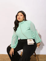 Women Sea Green Balloon Sleeves Top