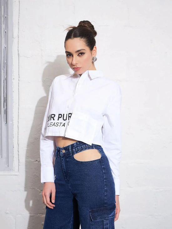 Women White Poplin FIND YOUR PURPOSE Crop Shirt