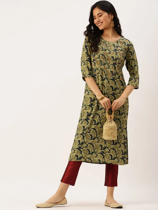 Women's Green Printed Straight Kurtas-NJ-3030399-Green