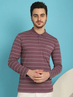 Venitian Men Striped Polo Neck Full Sleeves Onion T-Shirt Wih Pocket