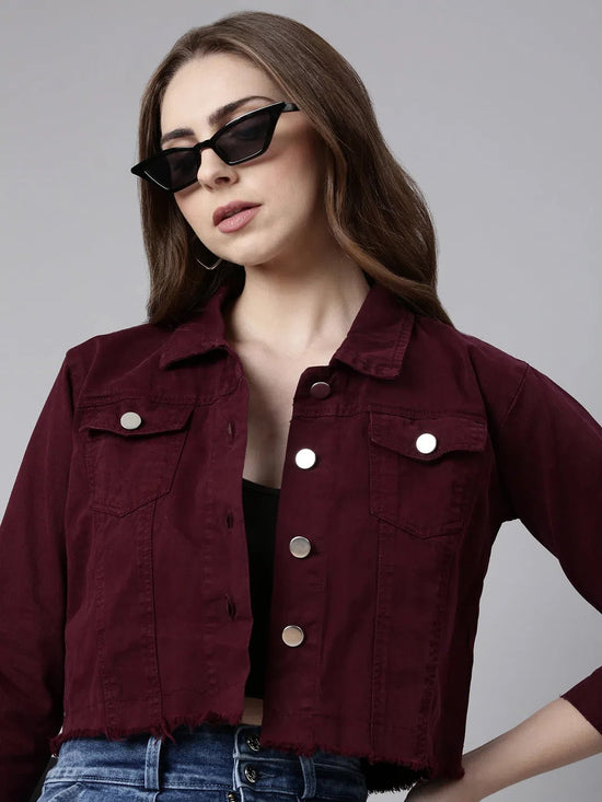 Women Maroon Solid Denim Jacket-AE-0001-Maroon