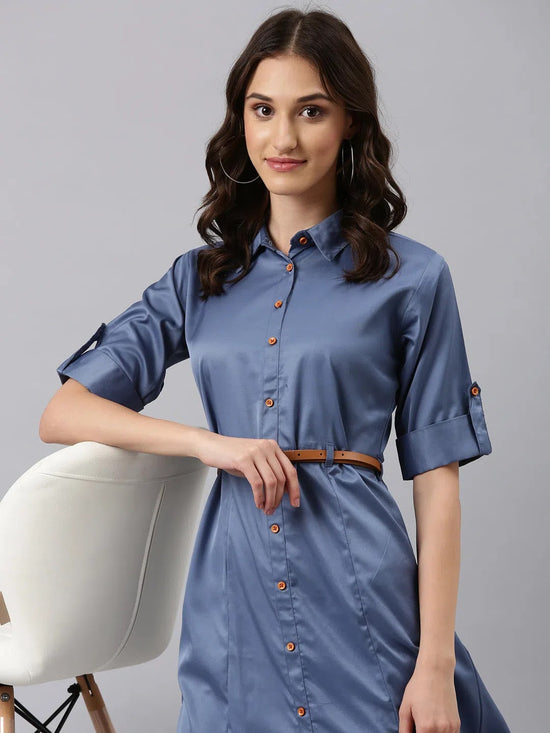 Women Blue Solid Shirt Dress-DF-4773-Blue