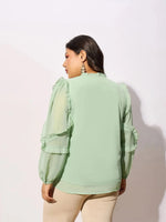 Women Mint Green Sleeve Ruffle Detail Top