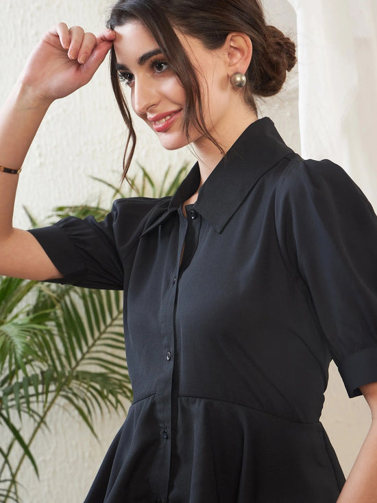 Women Black Frill Detail Shirt Style Blouse