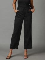 Women's Black Striped Formal Trouser-IM-9895-Black