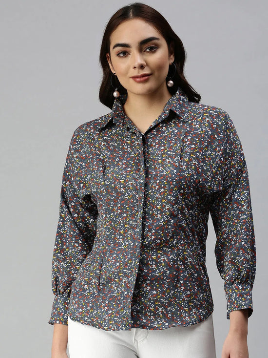 Women's Blue Printed Shirt-AE-10198-Blue