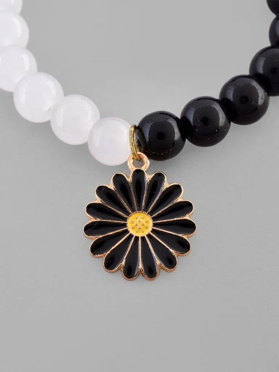 Black White Beads Black Flower Elastic Bracelet-VOJ135