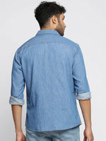 Men Blue Spread Collar Solid Oversized Shirt-SPACEDENIM-4912A-Blue