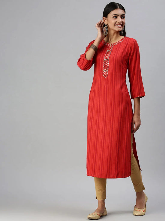 Women's Red Striped Straight Kurta-HO386-Red