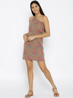 One shoulder elastic Ikat printed dress in Mocha color