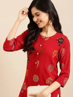 Women's Red Embroidered Straight Kurta-GW-2466-Red