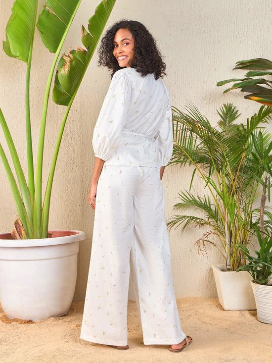 Women White Ditsy Floral Wrap Top With Palazzo Pants