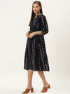 Printed Midi dress with mock waistcoat in navy