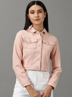 Women's Peach Solid Denim Jacket-IM-10534-Peach