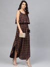 Printed Flare yoke with U hem long dress in Brown