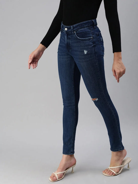 Women's Blue Solid Denim Slim Jeans-GZ-5144-Blue