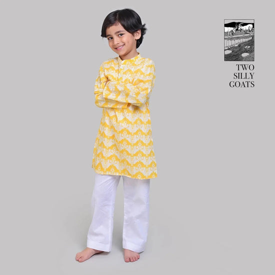 Collar Full Sleeved Cotton Kurta & Pajama Set For Boys with Two Silly Goats Print