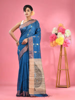 Sapphire Blue Cotton Blend Handwoven Saree With Jute Weaving Pallu-MA51BCT431930031