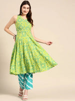 Deep back tie up kurta palazzo in Lime Green