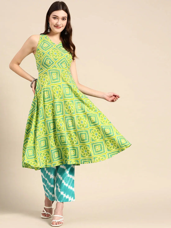 Deep back tie up kurta palazzo in Lime Green