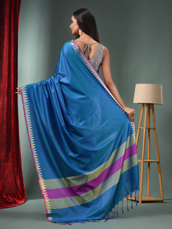 Cobalt Blue Blended Silk Handwoven Saree With Temple Zari Border-MA50BSL01660151