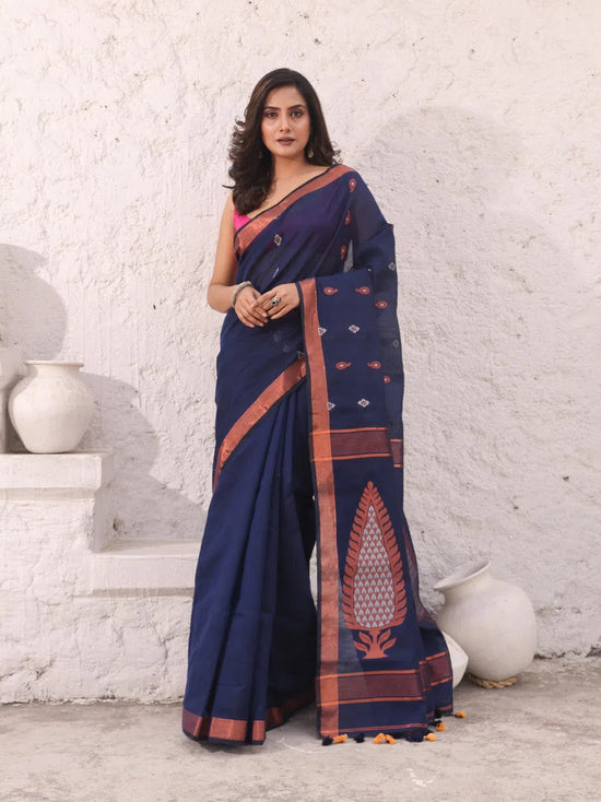 Navy Blue Cotton Saree With Woven Designs And Zari Border-MA54BCT041380040