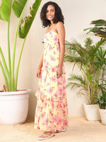 Women Yellow Floral Strappy Ruflle Maxi Dress