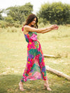 Neck tie up maxi dress in Pink and Green Print