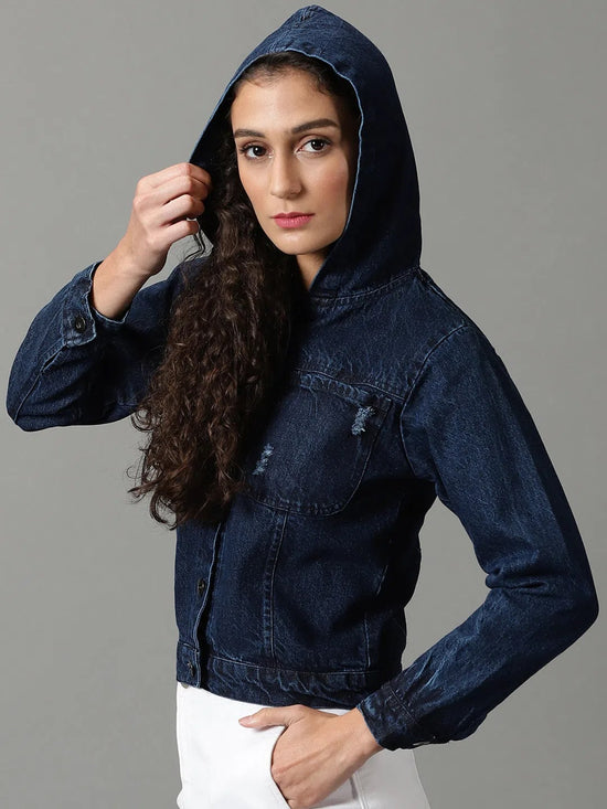 Women's Navy Blue Solid Denim Jacket-AE-9513-Navyblue