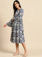 Midi Dress with bell sleeve in Blue Ikkat Print