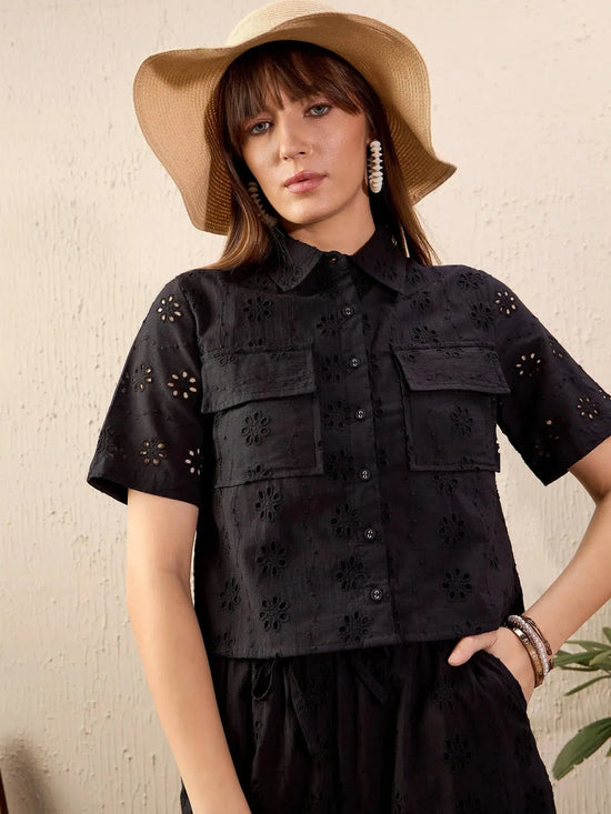 Women Black Schiffli Crop Shirt With Wide Leg Pants